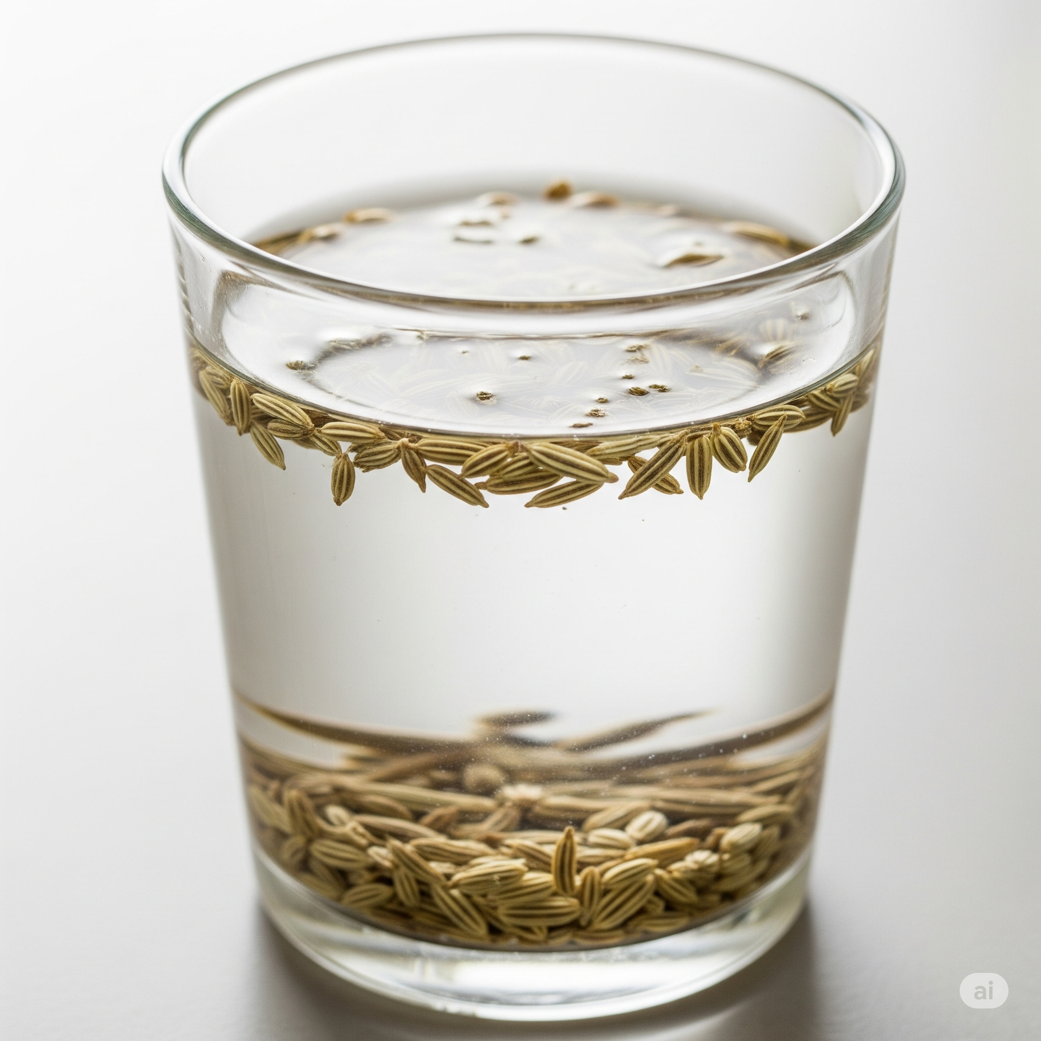 Fennel seeds in a glass of water for a fat-reducing homemade drink.
